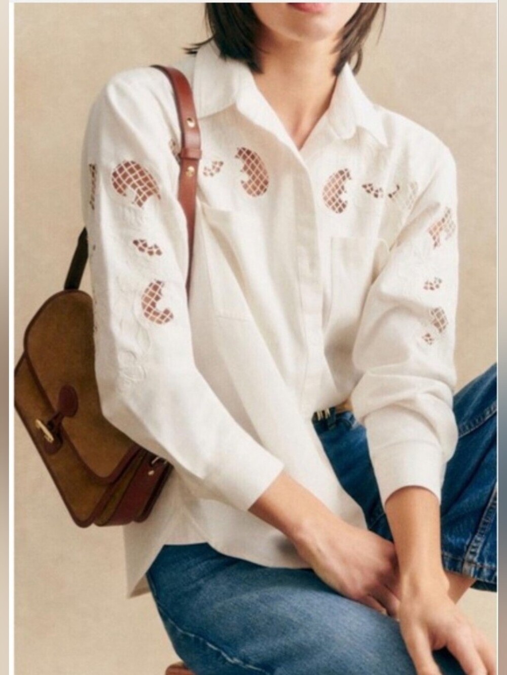 Sezane Naora Ecru Embroidered Eyelet Button Down Shirt EU 40 US 8
